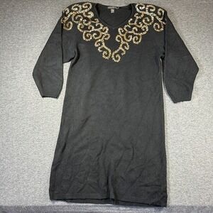 Vintage Work in Progress Silk Angora Sweater Dress Women 18/20 Black Gold Sequin